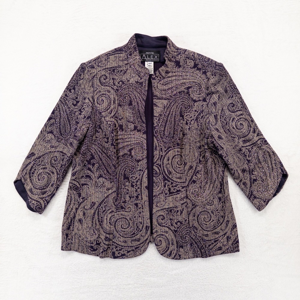 Alex Evenings Womens Jacket 14P Purple Gold Paisley Metallic Glitter Formal